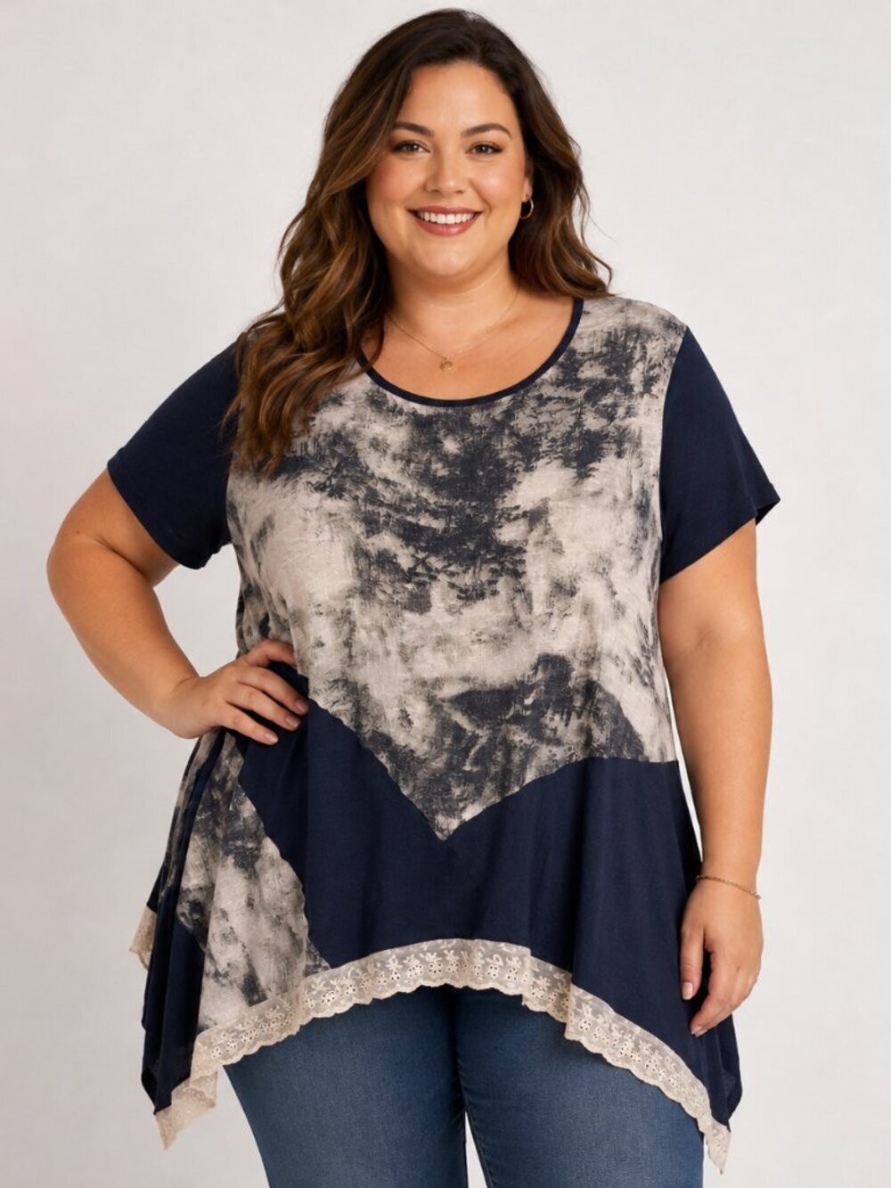 Grace and Emma Womens Size XL 2XL Navy Blue Short Sleeve Lace Hem Tunic Dress
